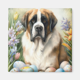 Saint Bernard Dog with Easter Eggs Holiday Magnet