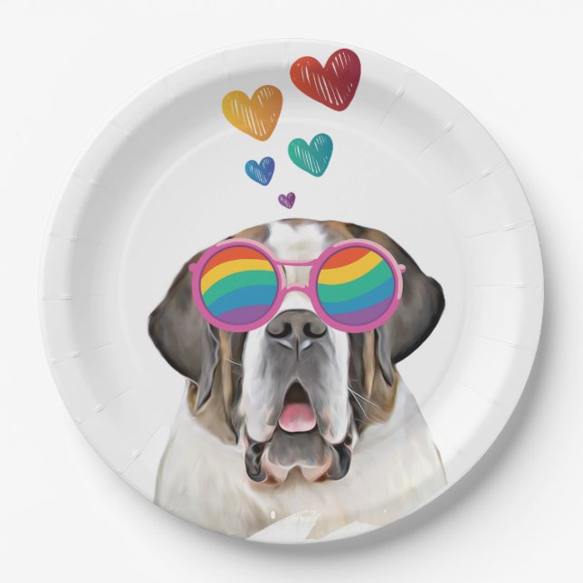 Saint Bernard Dog with Hearts Valentine's Day  Paper Plate (Front)