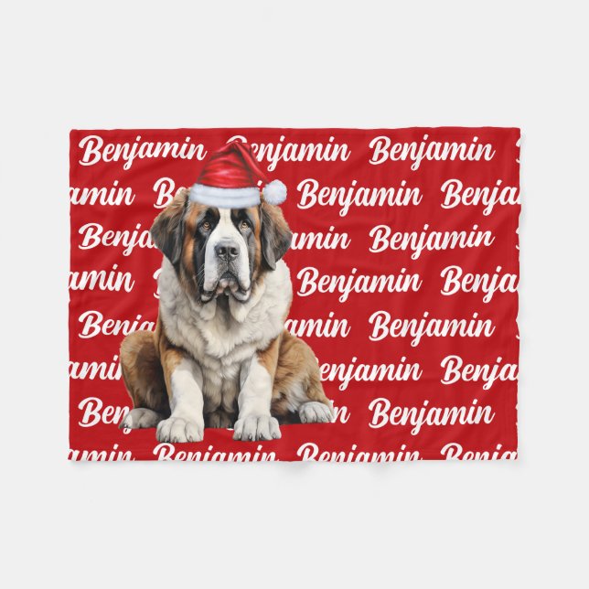Saint Bernard Dog with Name Pattern Christmas Fleece Blanket (Front (Horizontal))