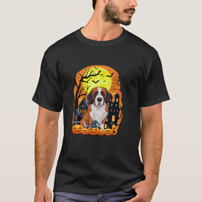 Saint Bernard Dog With Pumpkins Funny Scary Hallow T-Shirt (Front)