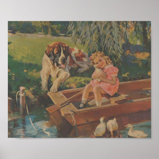 Saint Bernard, Ducks, Little girl in boat Poster (Front)