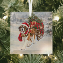 Saint Bernard Glass Ornament Sleigh with Gifts