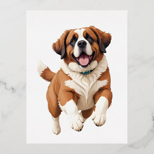 Saint Bernard Happy Playful Fun Jumping In The Air Foil Holiday Postcard
