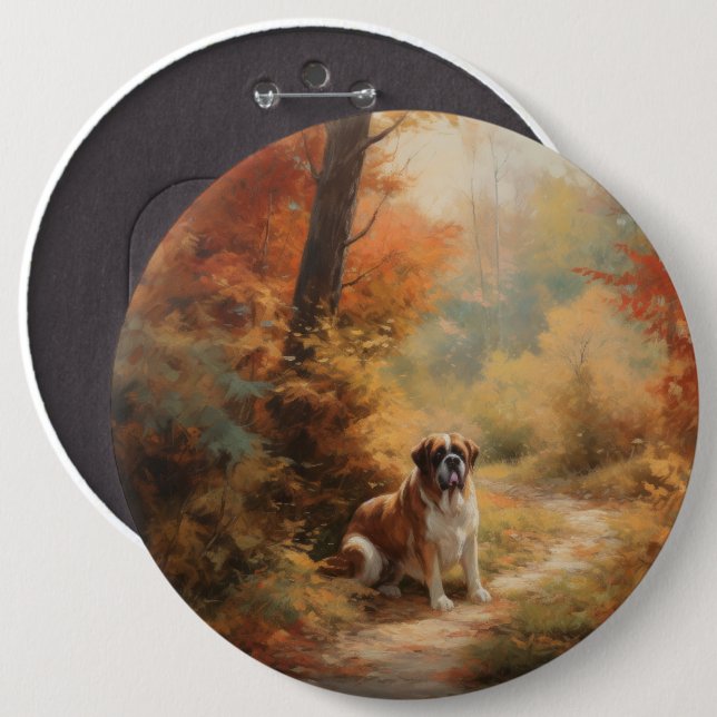 Saint Bernard in Autumn Leaves Fall Inspire 6 Cm Round Badge (Front & Back)