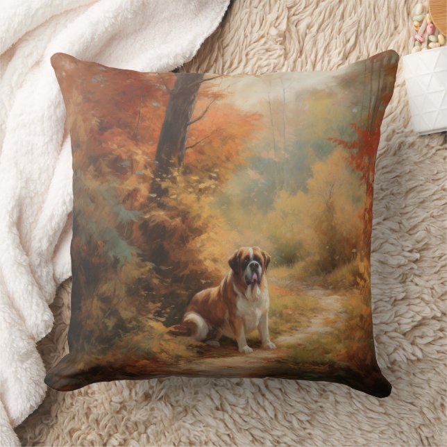 Saint Bernard in Autumn Leaves Fall Inspire Cushion (Blanket)