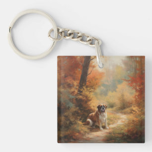 Saint Bernard in Autumn Leaves Fall Inspire Key Ring