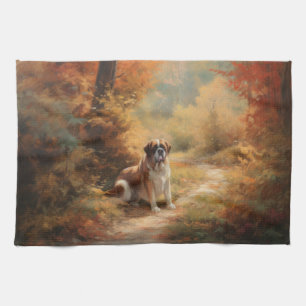 Saint Bernard in Autumn Leaves Fall Inspire Tea Towel