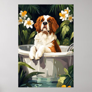 Saint Bernard In Bathtub Poster, Funny Dog Poster