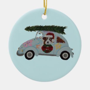 Saint Bernard in Hippie Car at Christmas Ceramic Tree Decoration