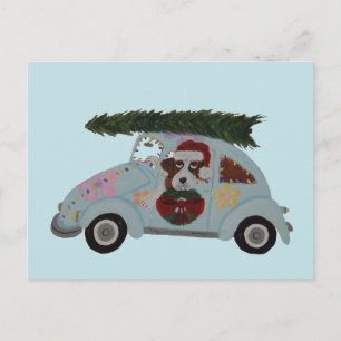 Saint Bernard in Hippie Car at Christmas Postcard