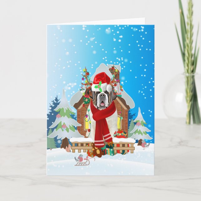 Saint Bernard in snow with Christmas gifts Card (Front)