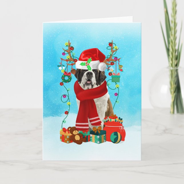 Saint Bernard in snow with Christmas gifts  Card (Front)