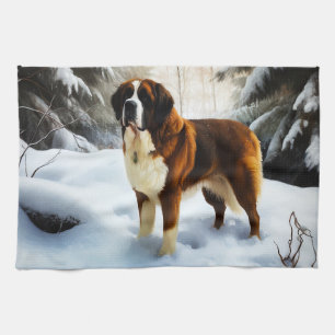 Saint Bernard Let It Snow Christmas Tea Towel
