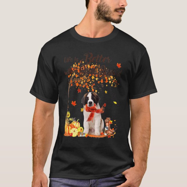 Saint Bernard Maple Tree Thanksgiving Day Cute Dog T-Shirt (Front)