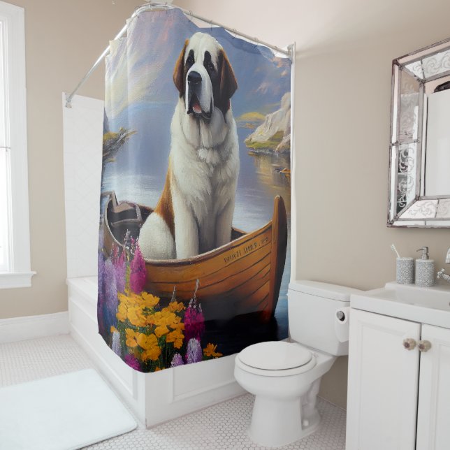Saint Bernard on a Paddle: A Scenic Adventure Shower Curtain (In Situ)