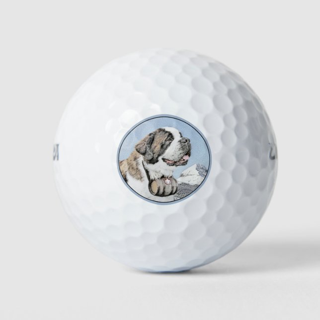 Saint Bernard Painting - Cute Original Dog Art Golf Balls (Front)