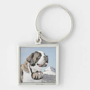 Saint Bernard Painting - Cute Original Dog Art Key Ring