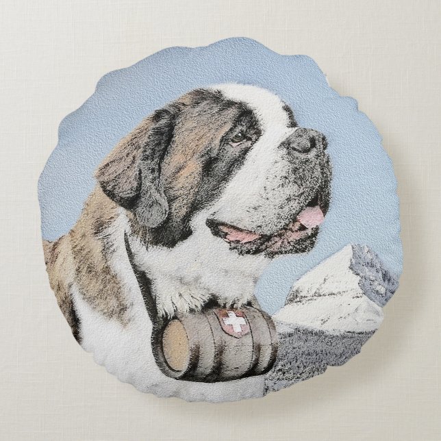 Saint Bernard Painting - Cute Original Dog Art Round Cushion (Back)