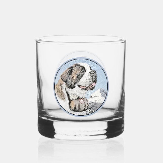 Saint Bernard Painting - Cute Original Dog Art Whiskey Glass (Front)