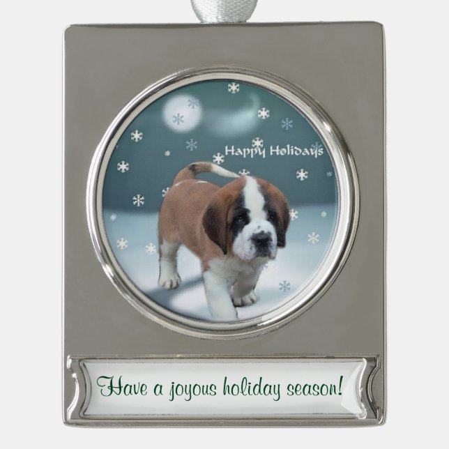 Saint Bernard Personalised Christmas Silver Plated Banner Ornament (Front)