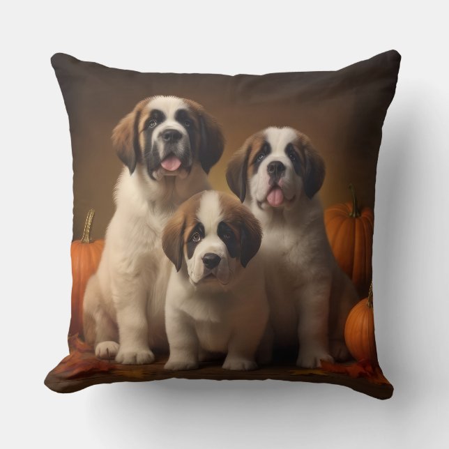 Saint Bernard Puppy Autumn Delight Pumpkin Cushion (Front)