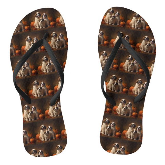 Saint Bernard Puppy Autumn Delight Pumpkin Flip Flops (Footbed)