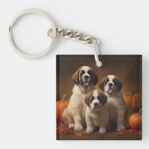 Saint Bernard Puppy Autumn Delight Pumpkin Key Ring
