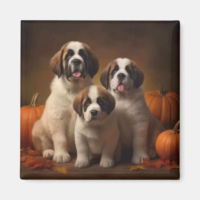 Saint Bernard Puppy Autumn Delight Pumpkin Magnet (Front)