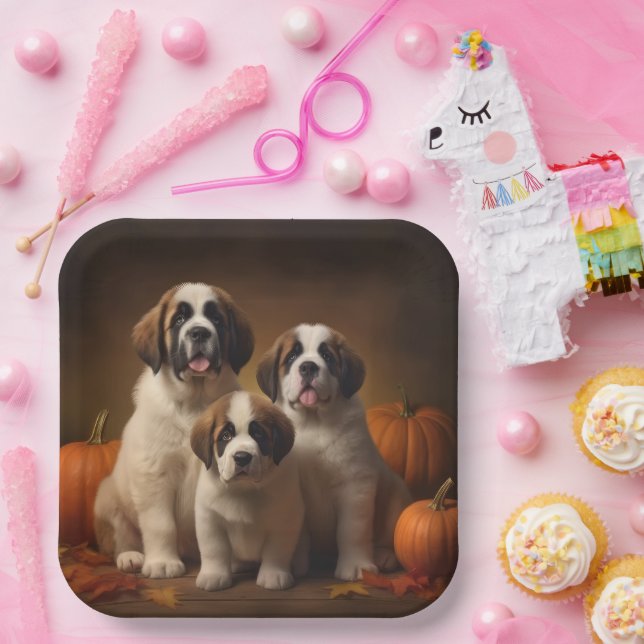 Saint Bernard Puppy Autumn Delight Pumpkin Paper Plate (Party)
