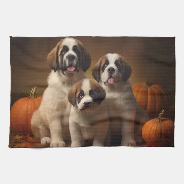 Saint Bernard Puppy Autumn Delight Pumpkin Tea Towel (Horizontal)