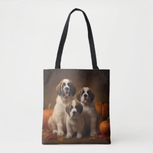 Saint Bernard Puppy Autumn Delight Pumpkin Tote Bag