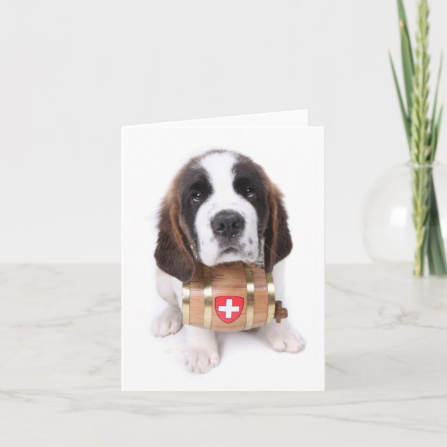 Saint Bernard puppy with a rescue barrel note card (Front)