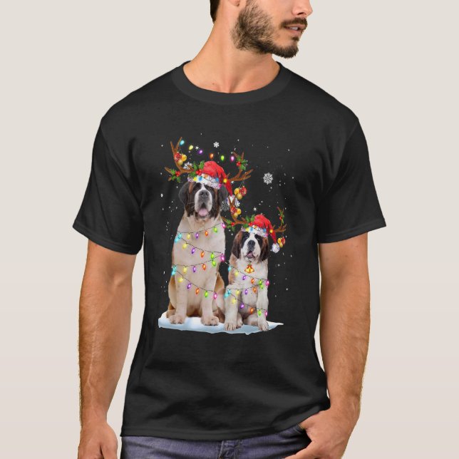 Saint Bernard Reindeer Santa Hat Xmas Lights Chris T-Shirt (Front)