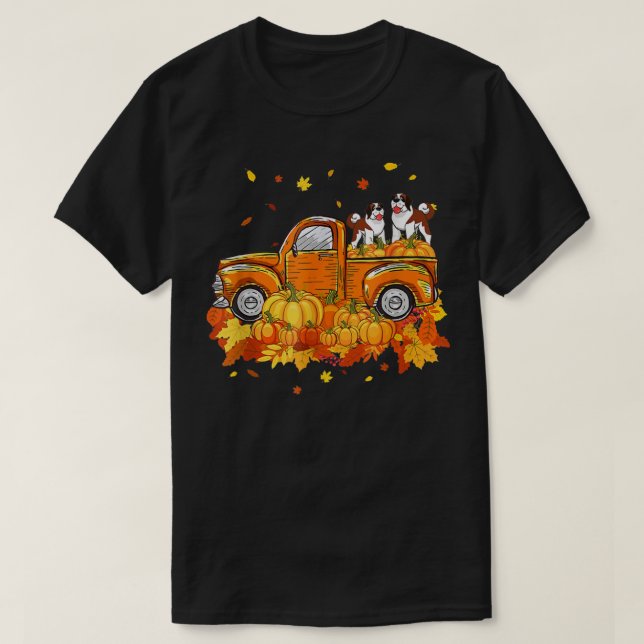 Saint Bernard Riding Truck Pumpkin Autumn Leaves F T-Shirt (Design Front)