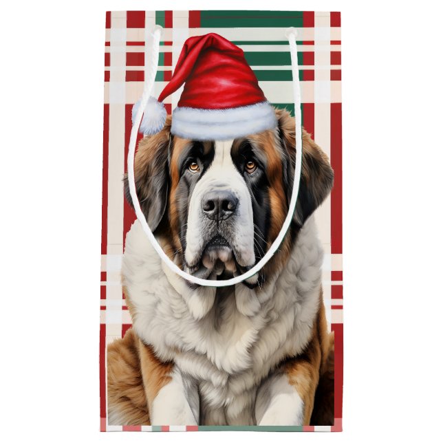 Saint Bernard Santa Dog Holiday Plaid Christmas Small Gift Bag (Front)