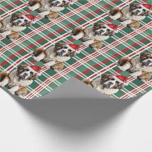 Saint Bernard Santa Dog Holiday Plaid Christmas Wrapping Paper