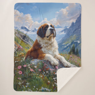 Saint Bernard Scenic Wildflower Field Sherpa Blanket