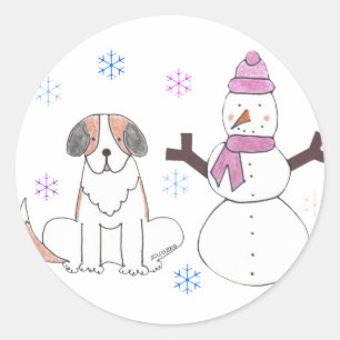 Saint Bernard & Snowman Classic Round Sticker
