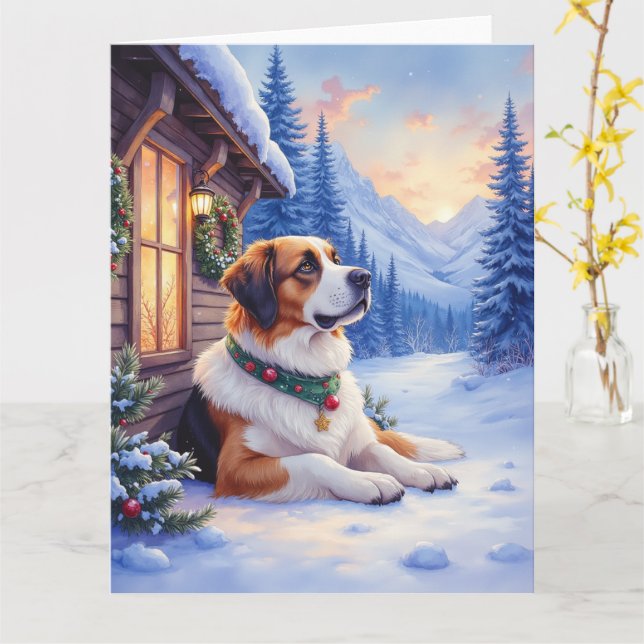 Saint Bernard Snowy Mountain Lodge Christmas Dog Card (Yellow Flower)