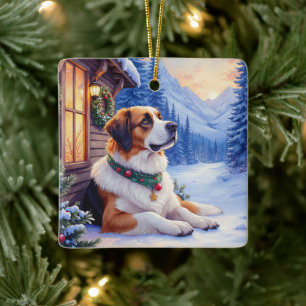 Saint Bernard Snowy Mountain Lodge Christmas Dog Ceramic Ornament