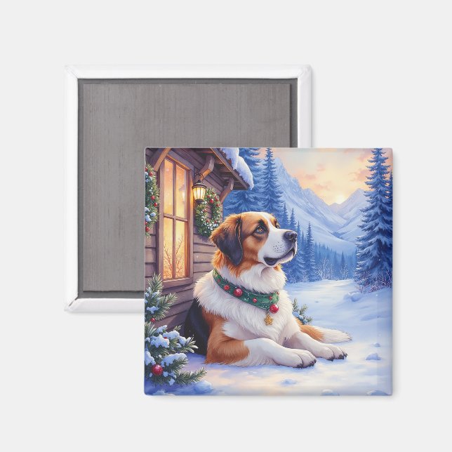 Saint Bernard Snowy Mountain Lodge Christmas Dog Magnet (Front/Back)