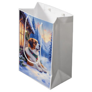 Saint Bernard Snowy Mountain Lodge Christmas Dog Medium Gift Bag