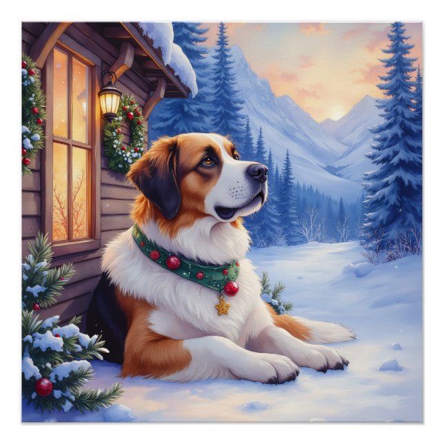 Saint Bernard Snowy Mountain Lodge Christmas Dog Poster (Front)