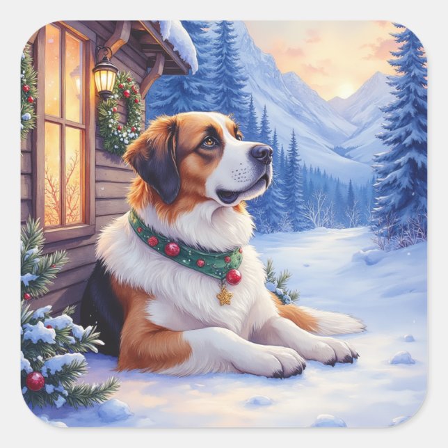 Saint Bernard Snowy Mountain Lodge Christmas Dog Square Sticker (Front)