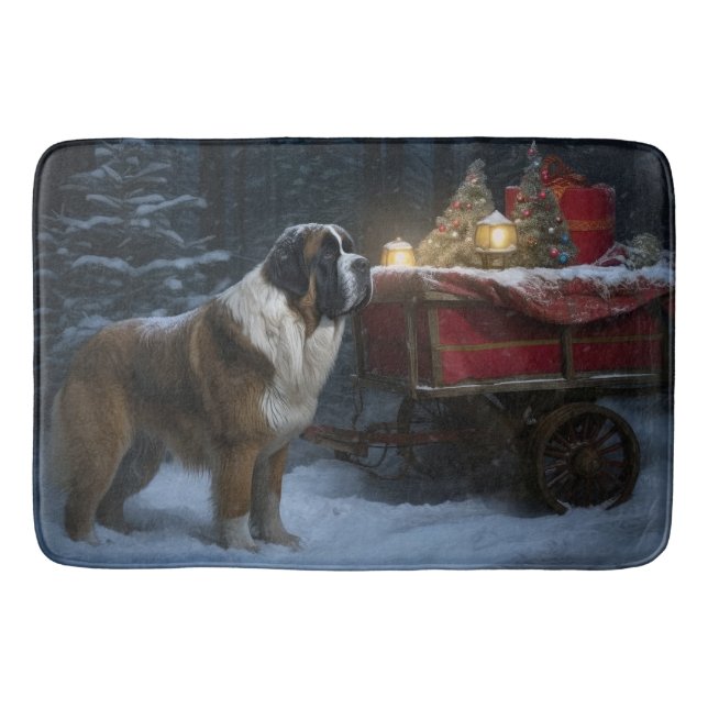 Saint Bernard Snowy Sleigh Christmas Decor Bath Mat (Front)
