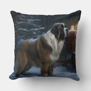 Saint Bernard Snowy Sleigh Christmas Decor Cushion
