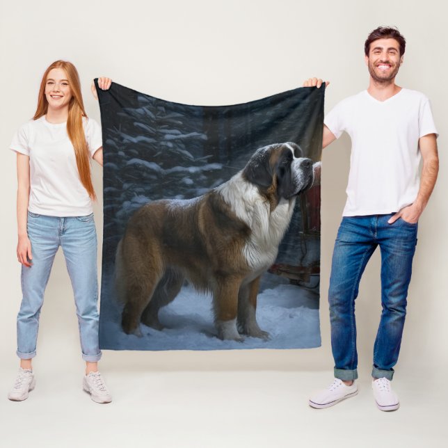 Saint Bernard Snowy Sleigh Christmas Decor Fleece Blanket (In Situ)