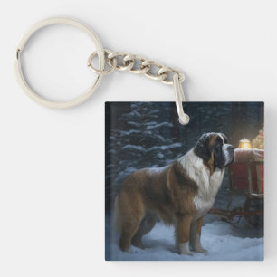 Saint Bernard Snowy Sleigh Christmas Decor Key Ring