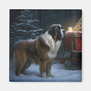 Saint Bernard Snowy Sleigh Christmas Decor Magnet