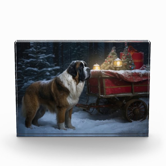 Saint Bernard Snowy Sleigh Christmas Decor Photo Block (Front)